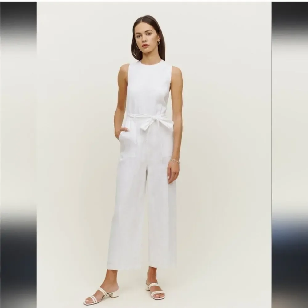 Reformation Naomi White 100% Linen Wide Leg Belted Jumpsuit Size 2